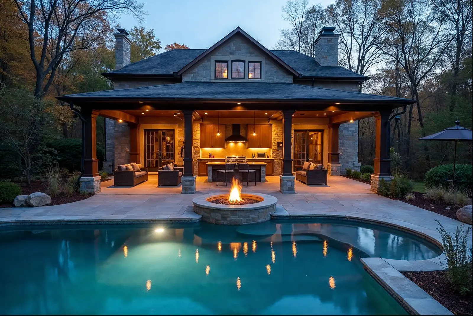 Main Line backyard patio with pergola and evening landscape lighting
