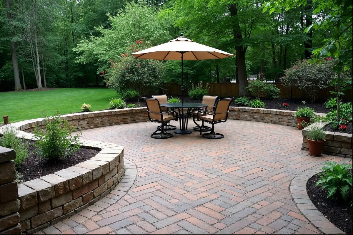 Newly installed paver patio with integrated seating wall in a Main Line backyard