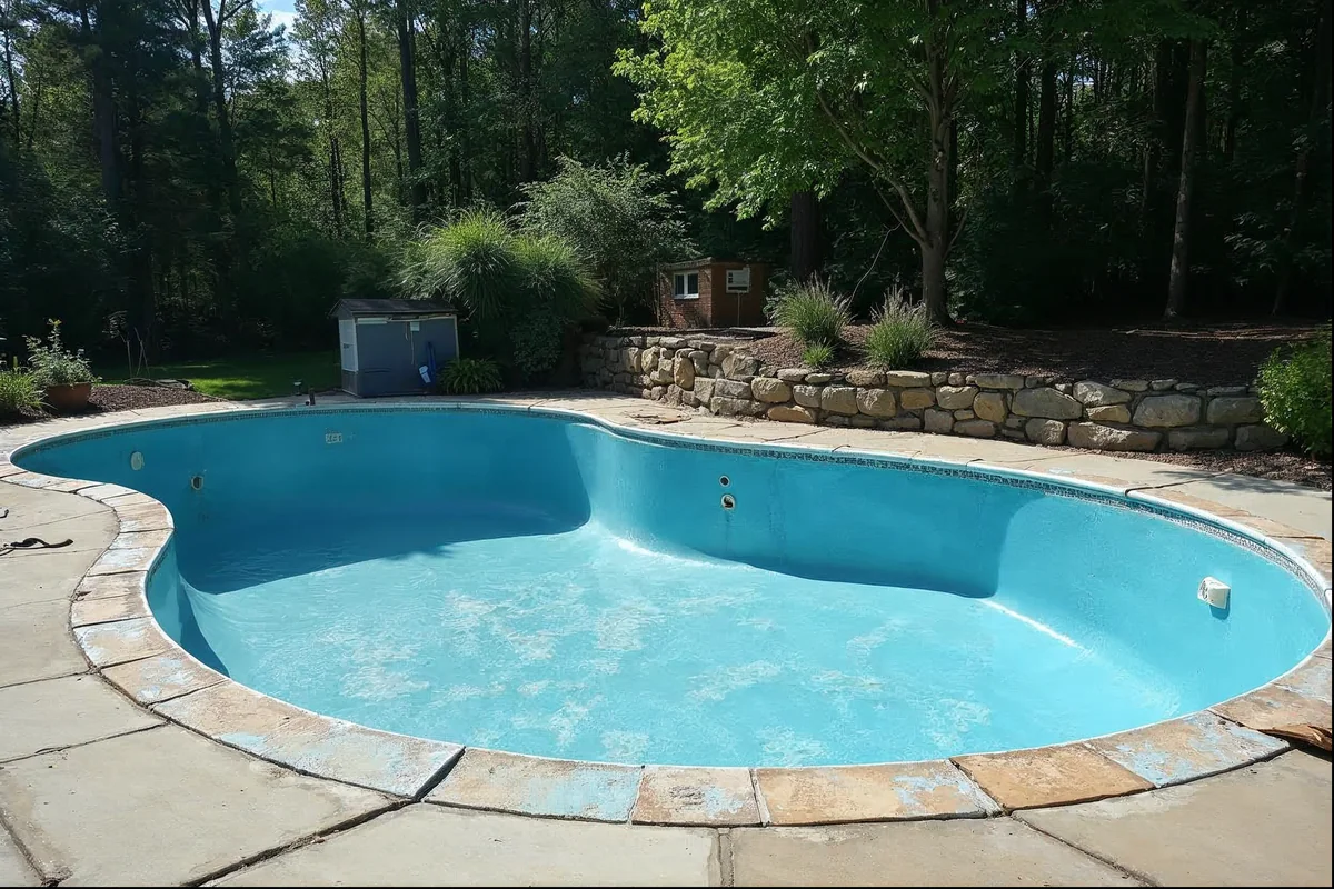 Mid-project pool remodeling showing fresh plaster and new coping in Frazer, PA