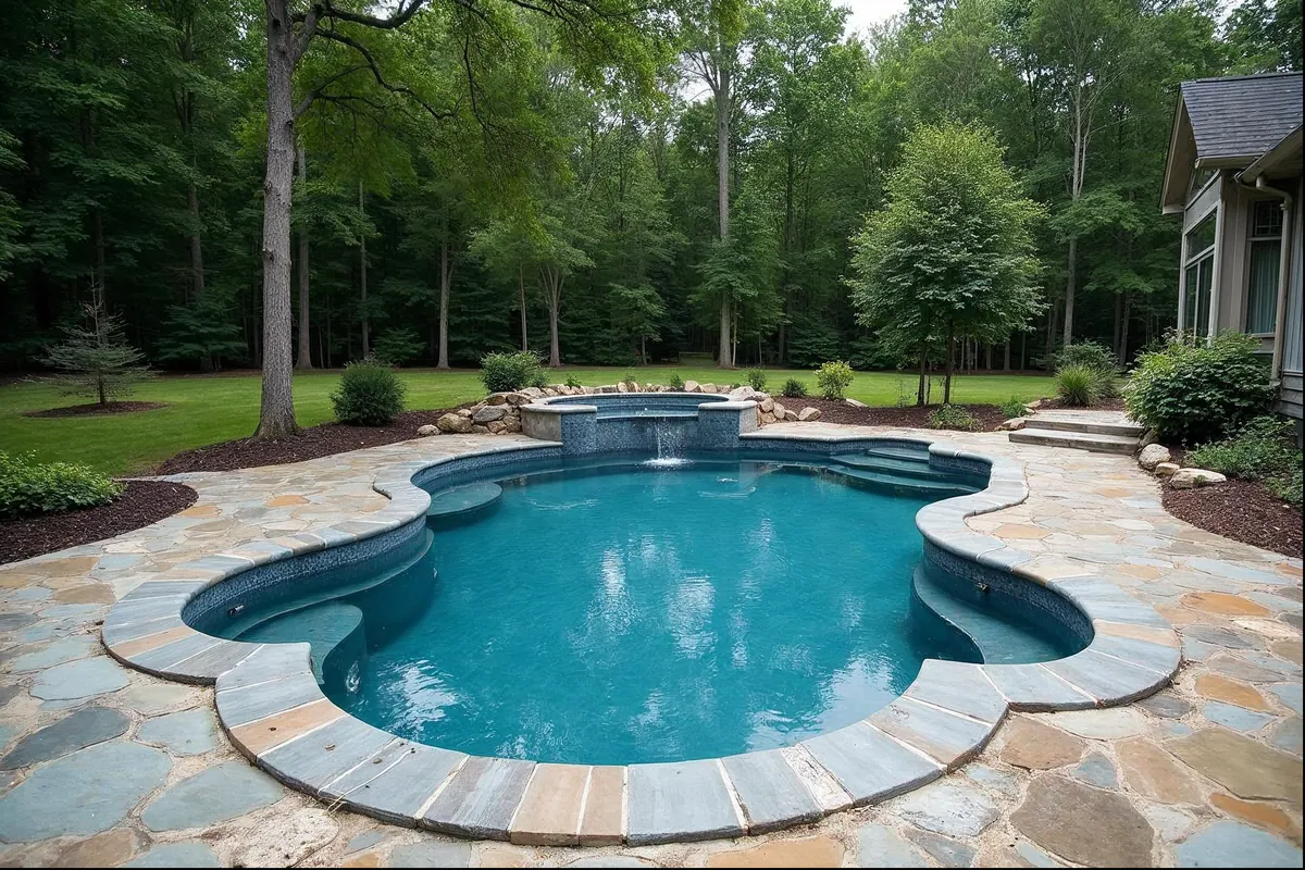 In-progress custom pool with rebar and gunite curing during a Chester County build