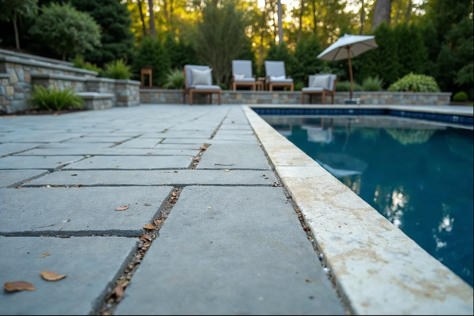 Stone masonry detail on a Frazer PA pool patio built by Great Valley Landscape & Pool