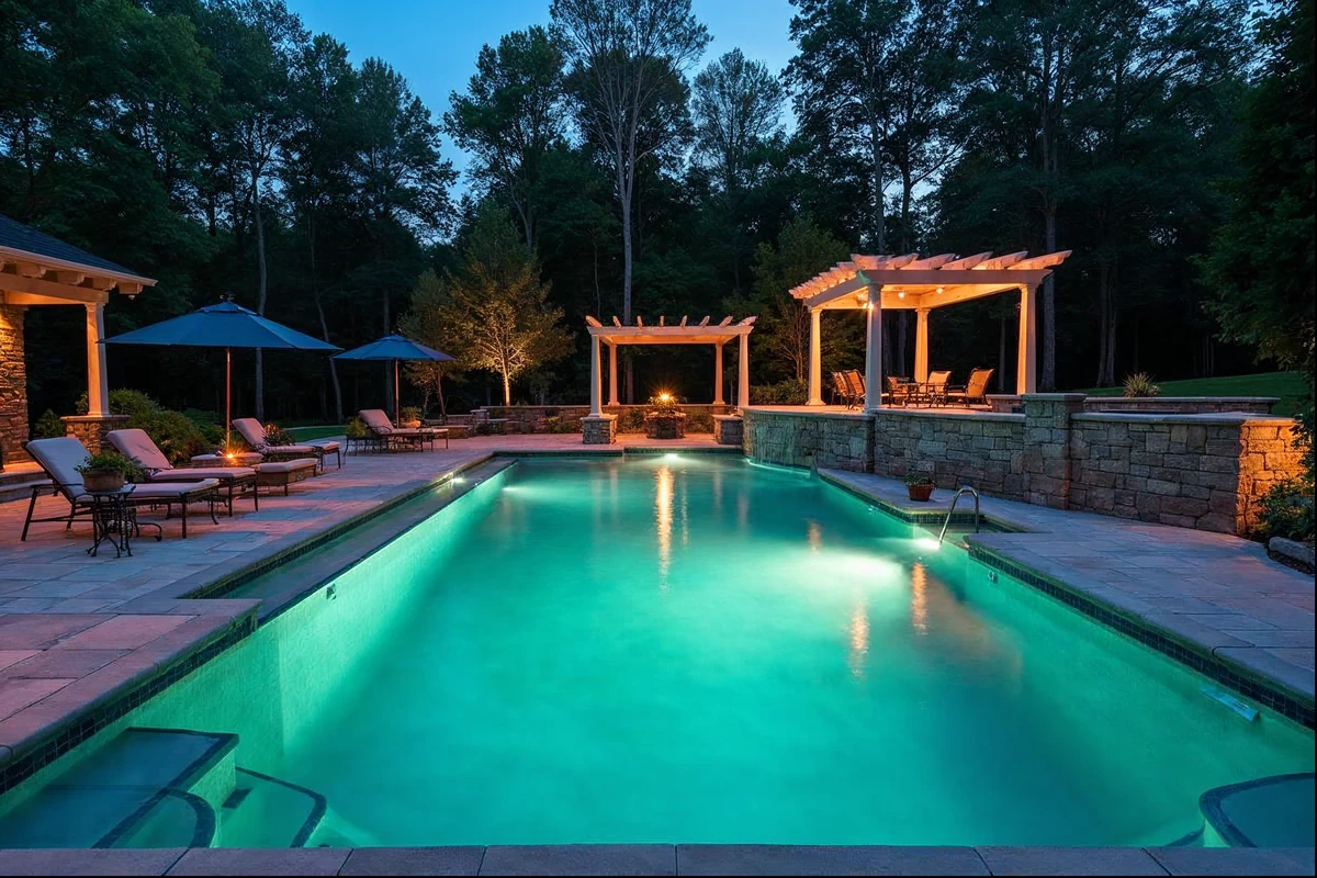 Custom inground pool with stone patio in a Frazer, PA backyard