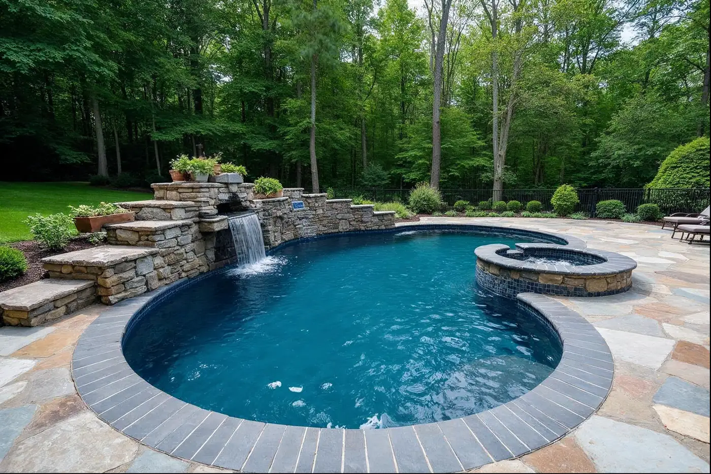 Rectangular custom inground pool with stone coping and paver deck in a Frazer PA backyard