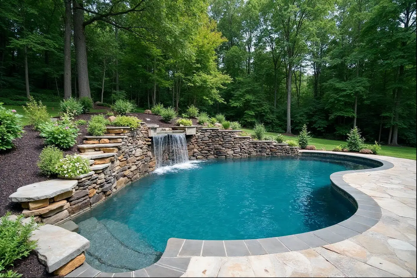 Detail of tile band and coping on a custom inground pool built by Great Valley Landscape & Pool in Chester County