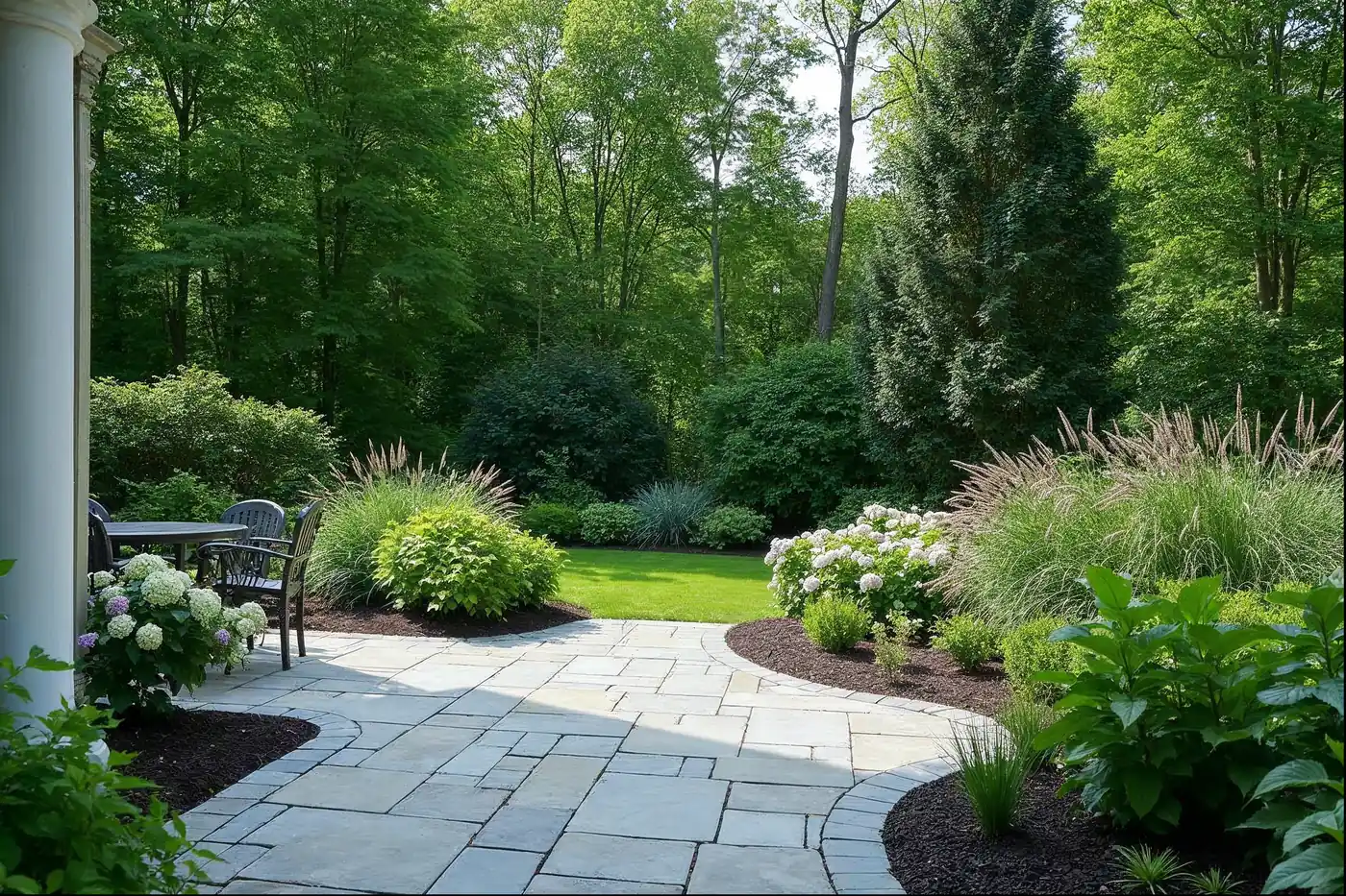 Layered planting beds and mature trees framing a stone patio in a Frazer PA backyard