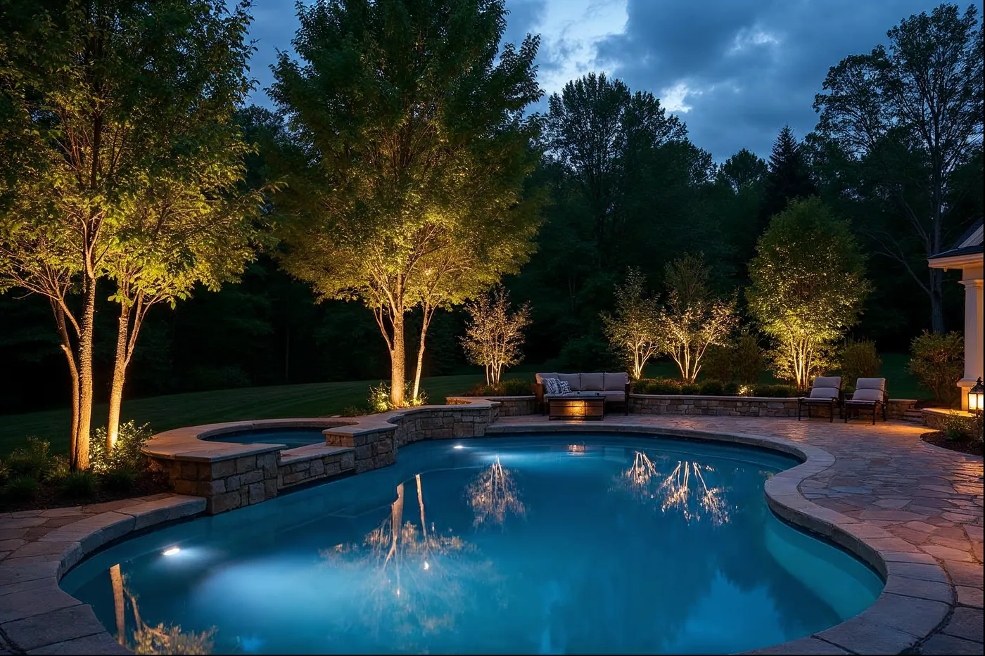 Uplighting on mature trees and stone wall in a Chester County landscape at night