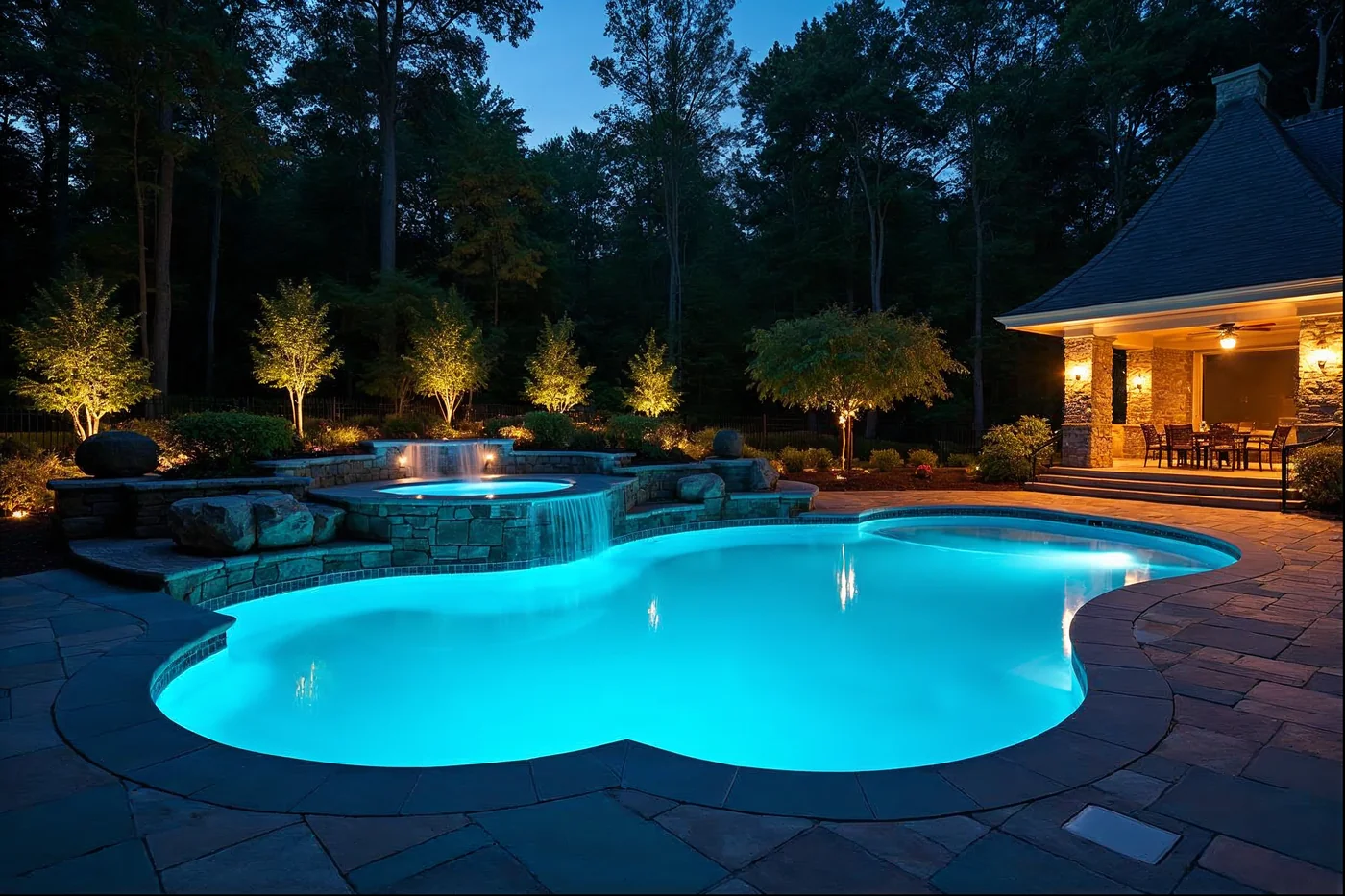Warm LED landscape lighting on a Frazer PA backyard pool patio at dusk