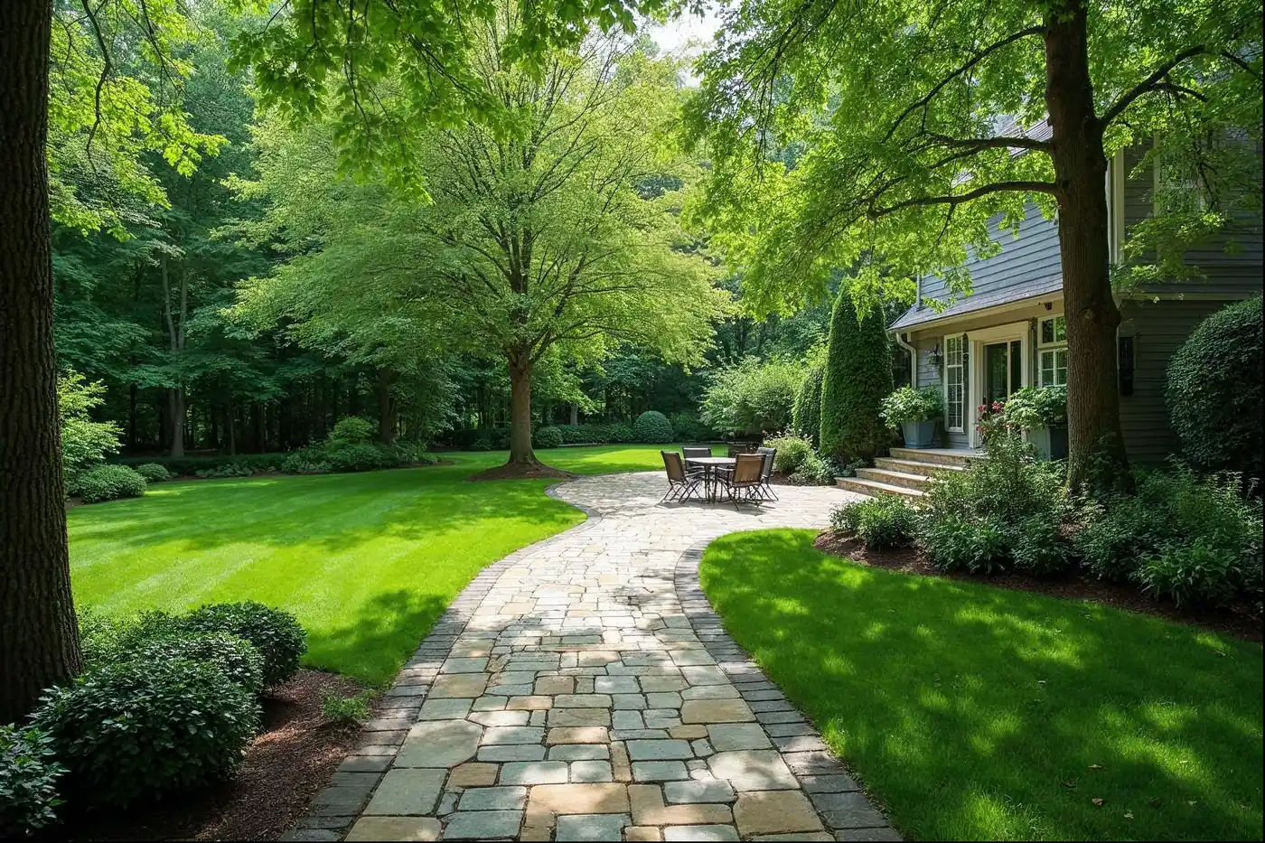 Natural stone pool deck around a rectangular pool in Chester County