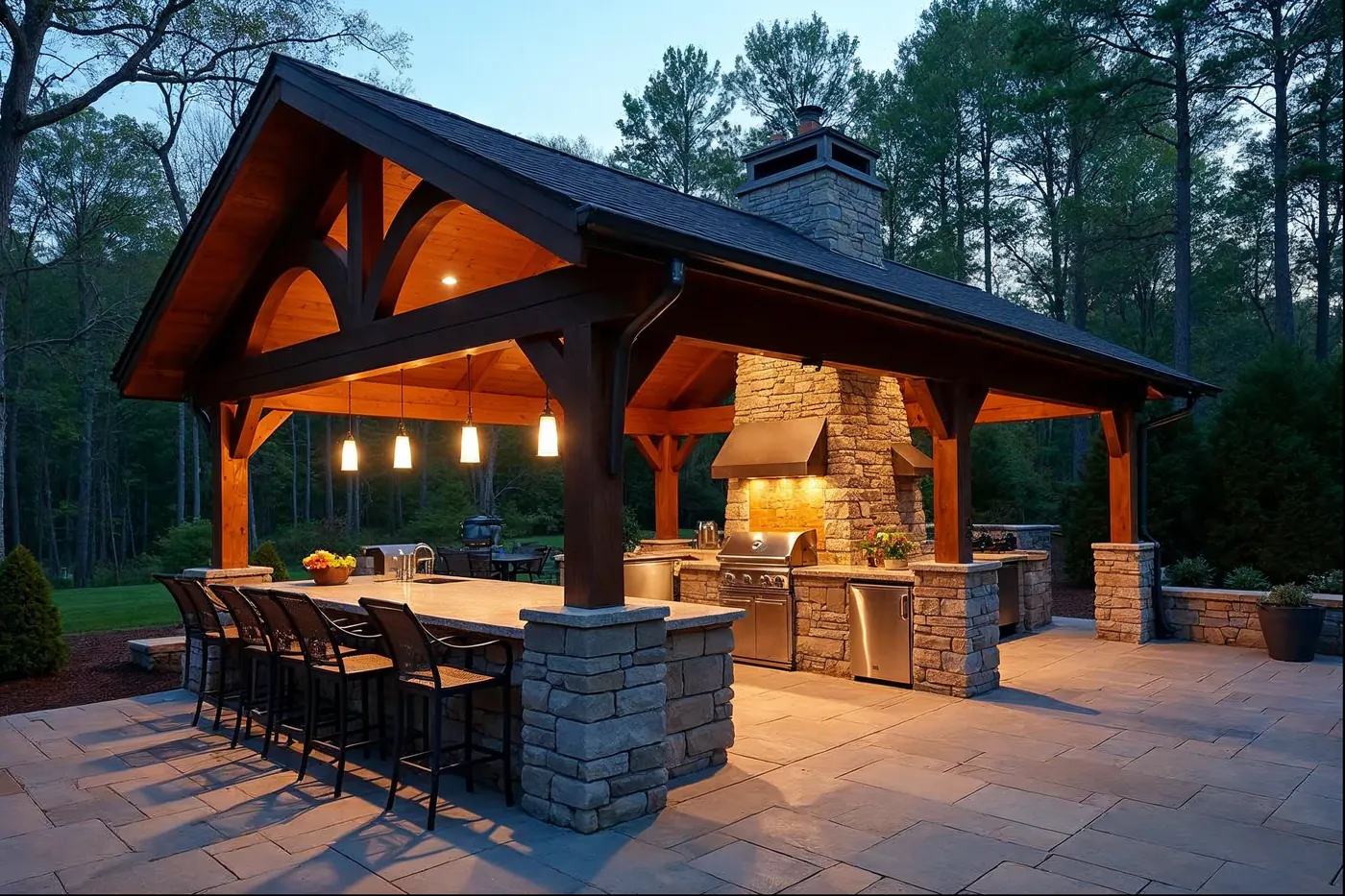 Pavilion with tongue-and-groove ceiling and integrated lighting in a Main Line backyard