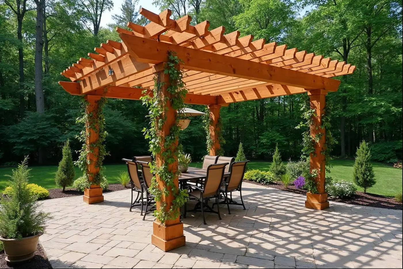 Cedar pergola over a paver patio in a Frazer PA backyard
