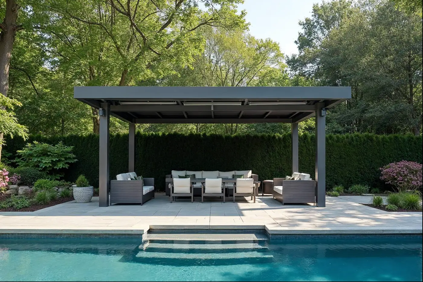 Aluminum pergola with adjustable louvers over a pool deck in Chester County
