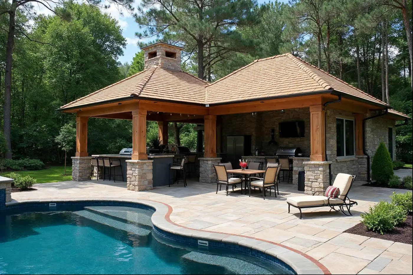 Custom pool house with stone base and pergola porch beside an inground pool in Frazer PA