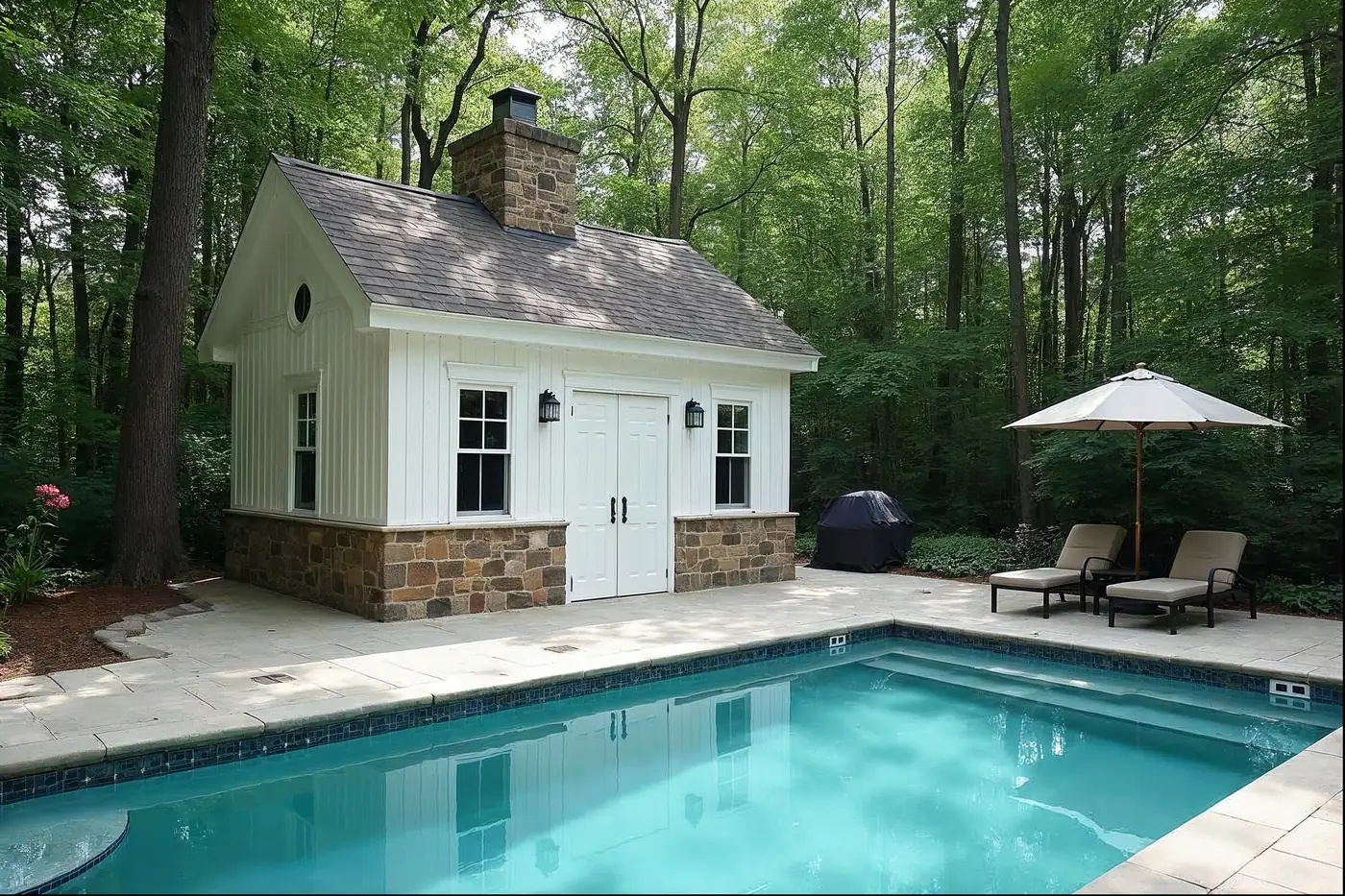 Interior of a Chester County pool house with changing room and kitchenette