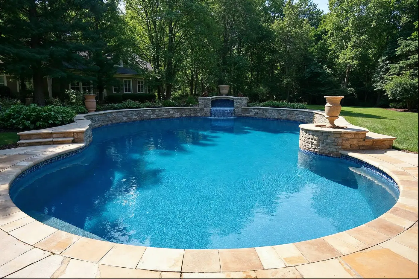 Newly resurfaced and retiled inground pool in a Frazer PA backyard after full restoration