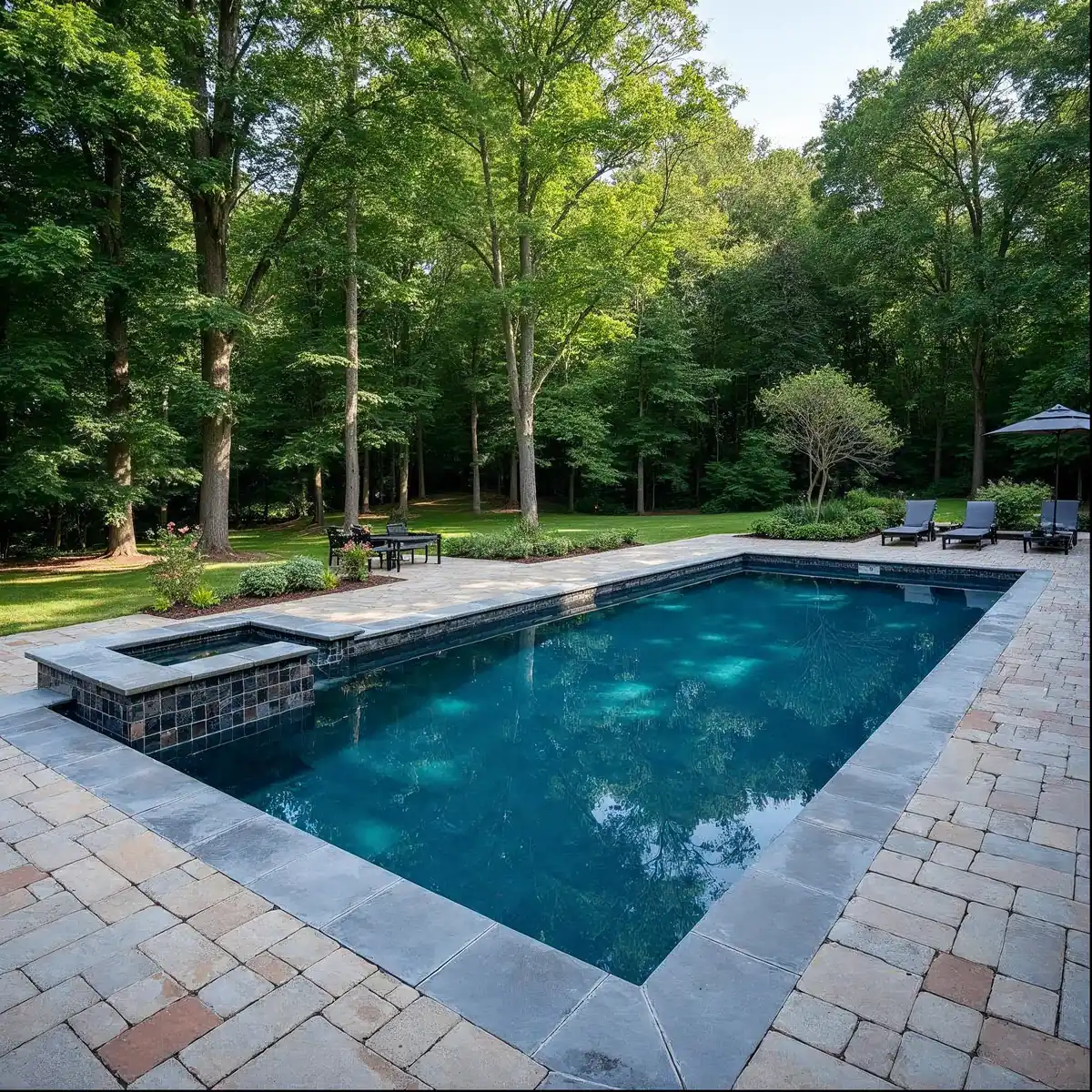 Rectangular inground pool with dark plaster and tanning ledge in a Frazer, PA backyard