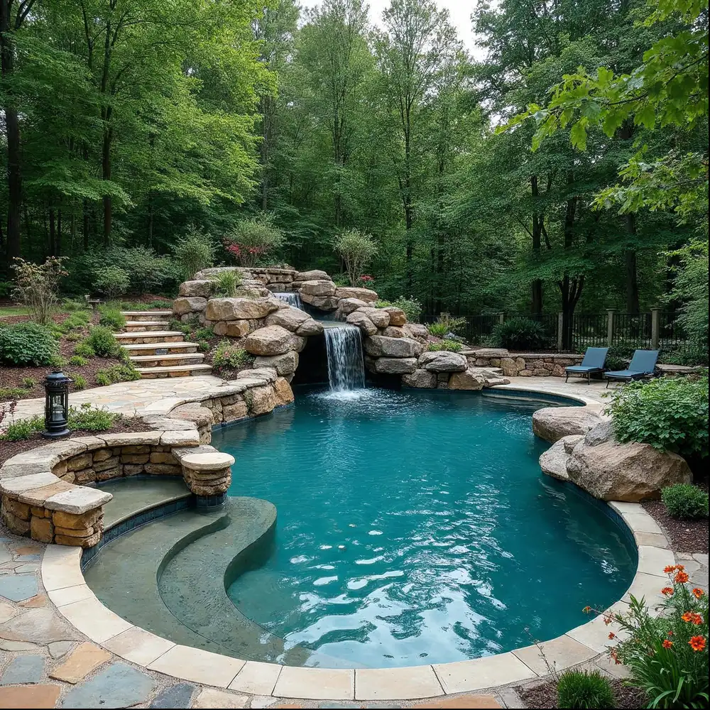 Lagoon-style freeform pool with boulder waterfall in a Chester County yard