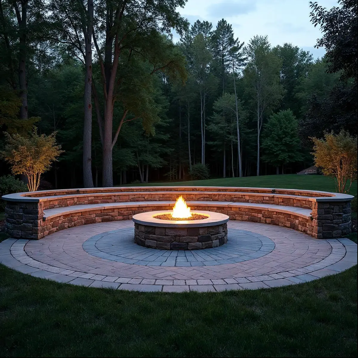Circular paver patio with stone gas firepit and curved seating wall on the Main Line