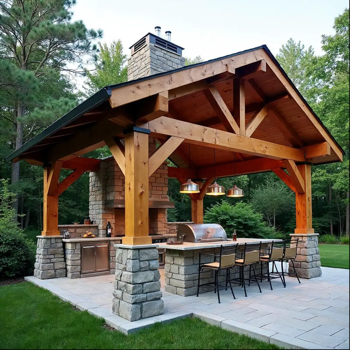 Timber-frame pavilion with full outdoor kitchen built in Frazer, PA
