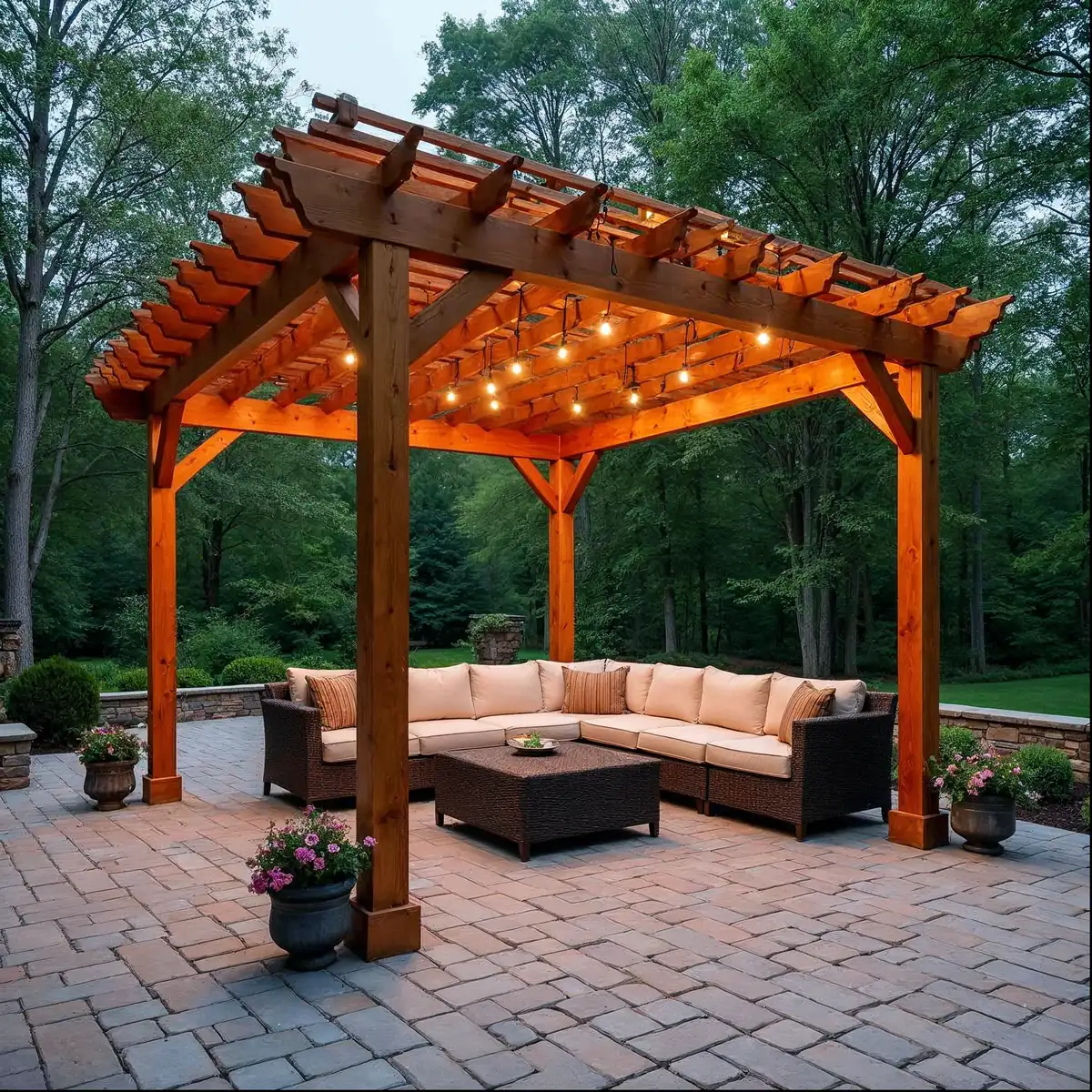 Cedar pergola over a paver patio lounge in a Chester County outdoor living space