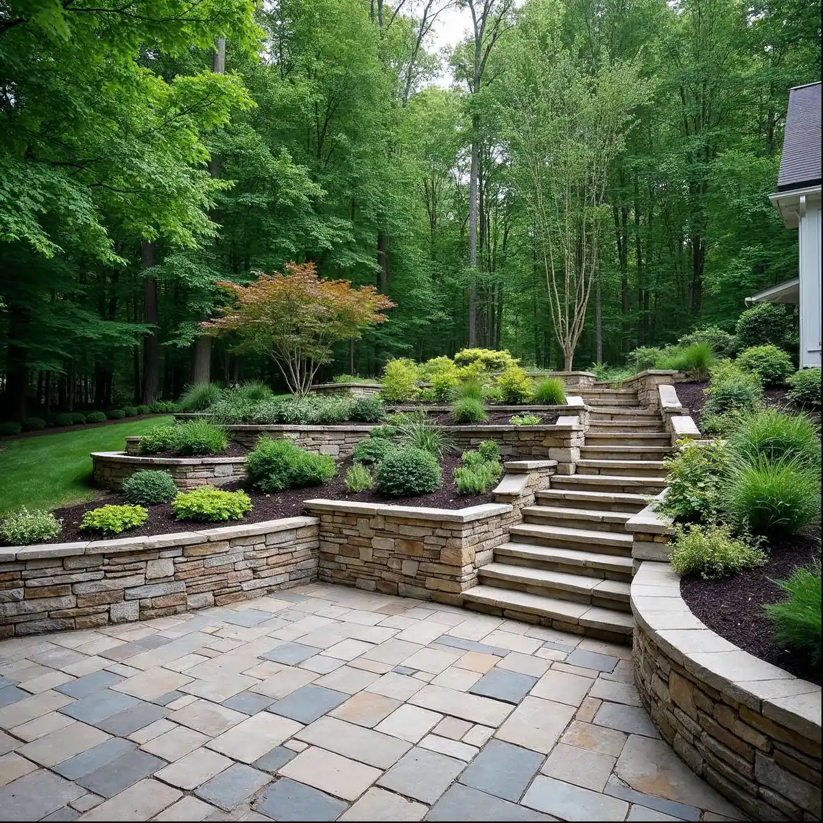 Terraced natural stone retaining walls creating multi-level Frazer, PA backyard
