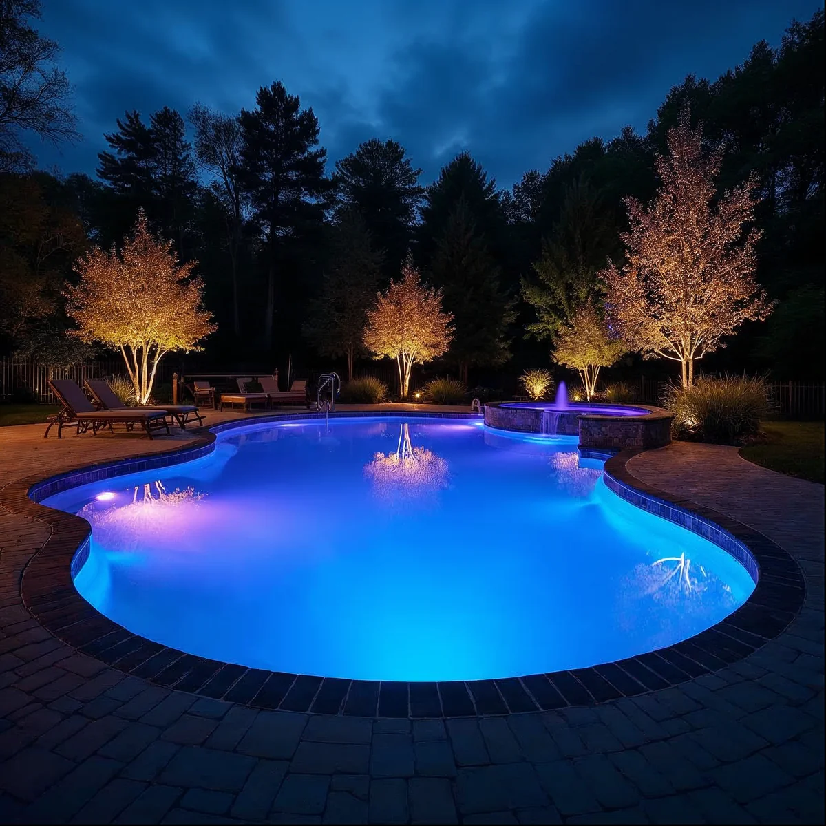 Custom inground pool with color-tunable LED lighting glowing at night in Frazer, PA