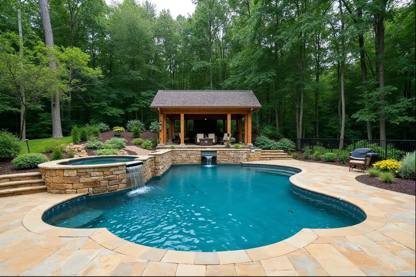Chester County backyard with custom pool, stone patio, and pavilion built by Great Valley Landscape & Pool