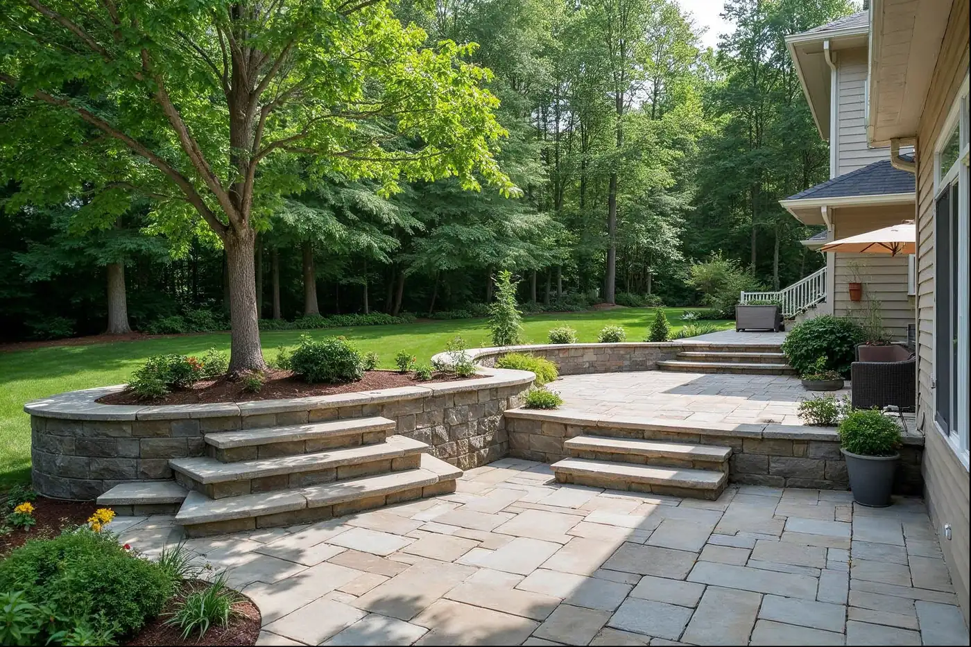 Segmental block retaining wall creating a level lawn on a Chester County property