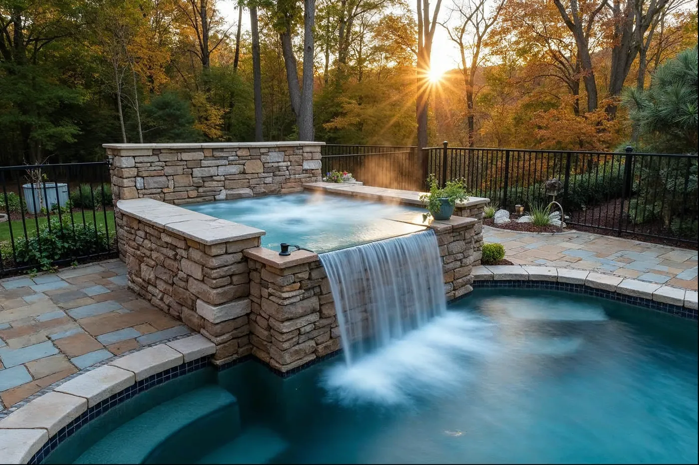 Integrated raised spa with spillover into a pool in Chester County