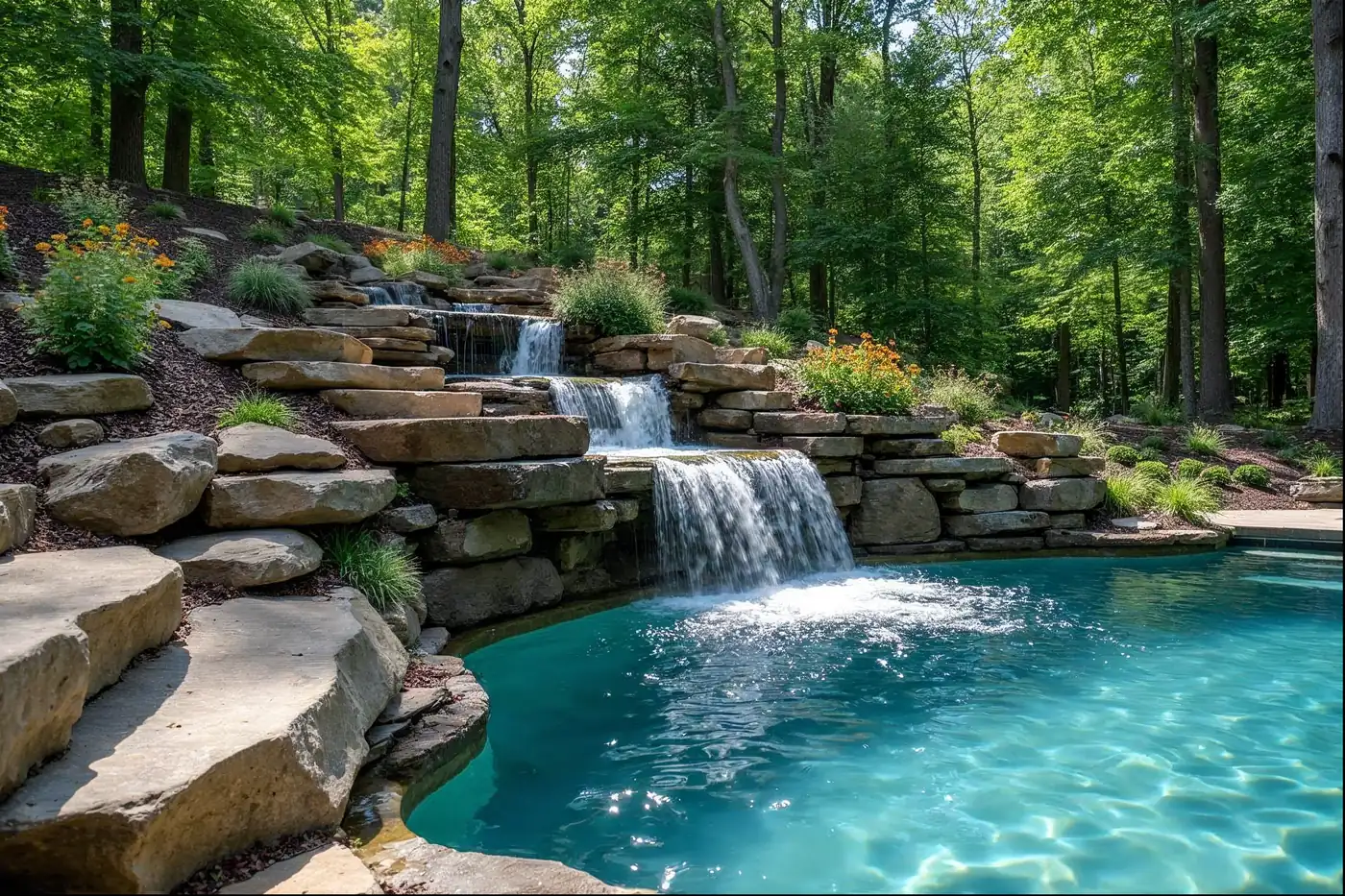 Rock waterfall spilling into a custom inground pool in a Frazer PA backyard